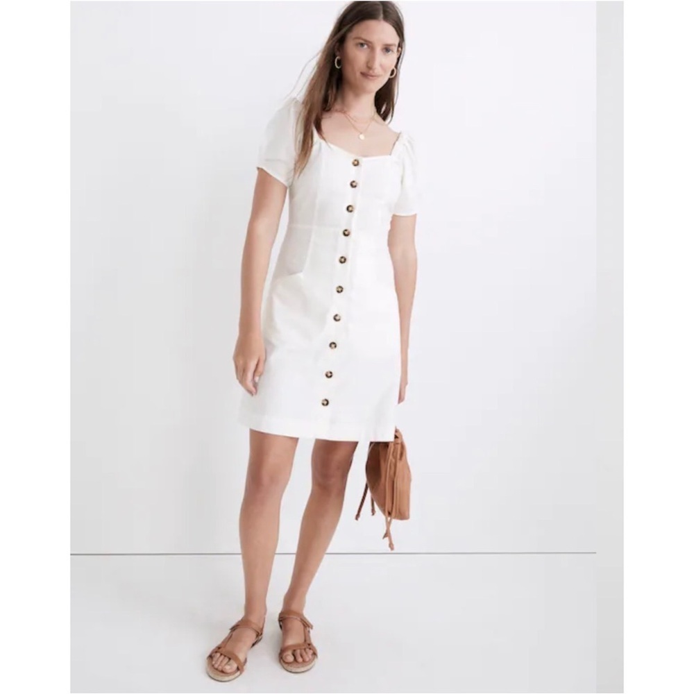 MADEWELL Linen-Cotton Puff Sleeve Square Neck Summer Mini Dress Size 12